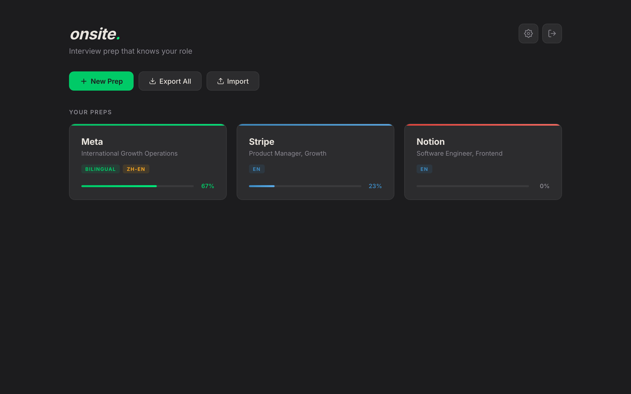 Onsite dashboard showing prep kits for Meta, Stripe, and Notion