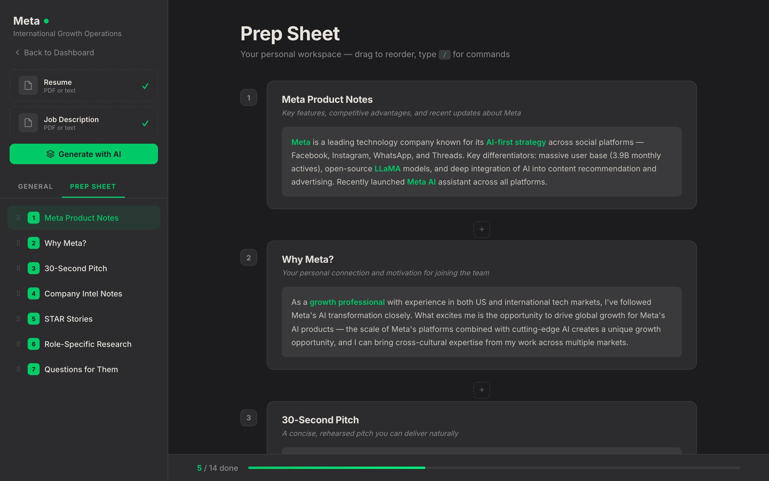 Prep sheet workspace with product notes and pitch cards